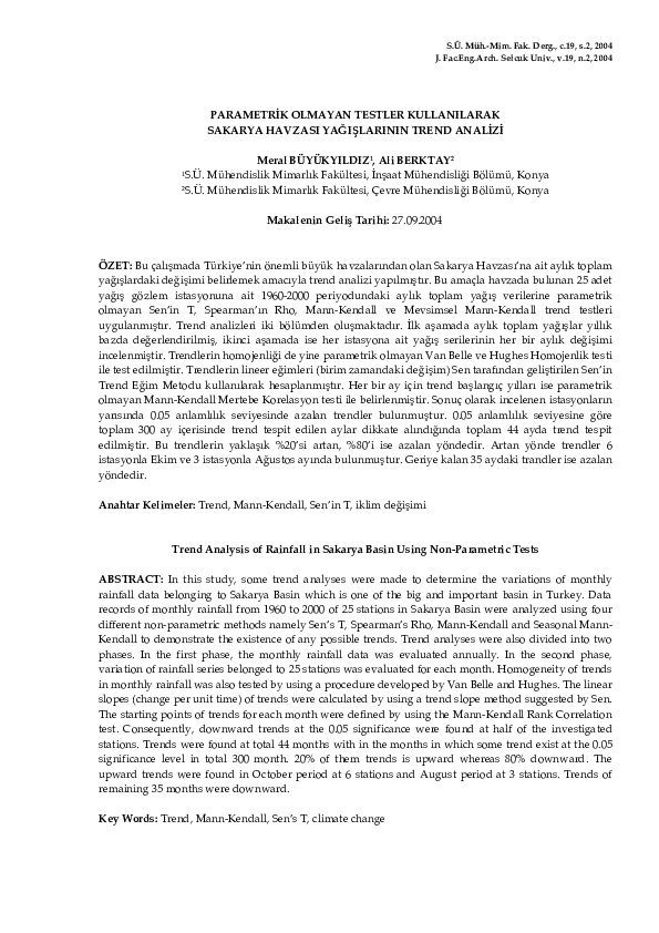 (PDF) Trend Analysis of Rainfall in Sakarya Basin Using Non-Parametric ...