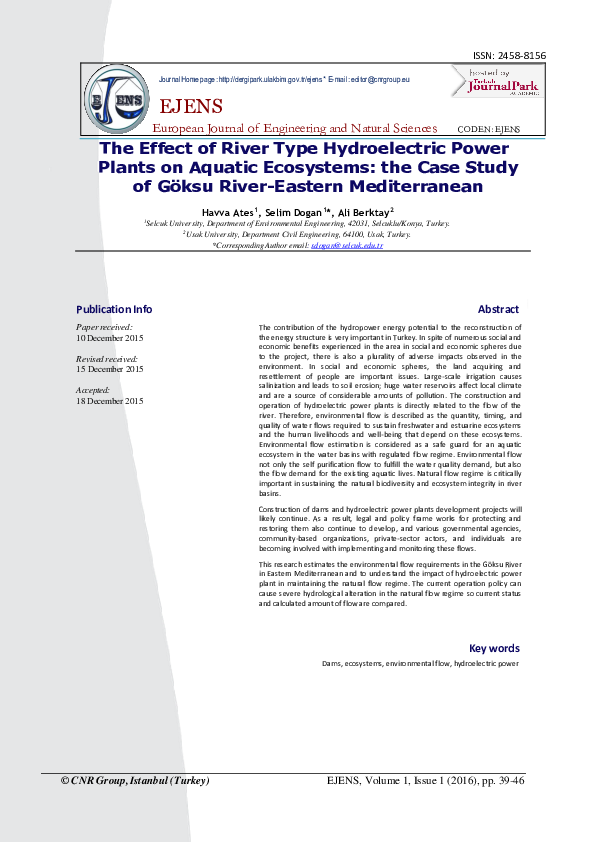 (PDF) The Effect of River Type Hydroelectric Power Plants on Aquatic ...