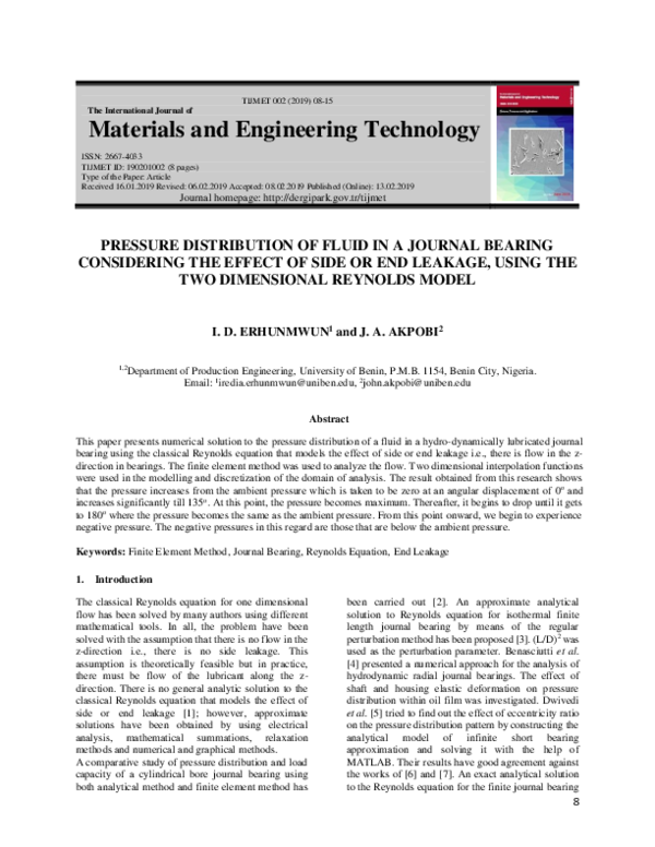 (PDF) Pressure Distribution of Fluid in a Journal Bearing Considering ...