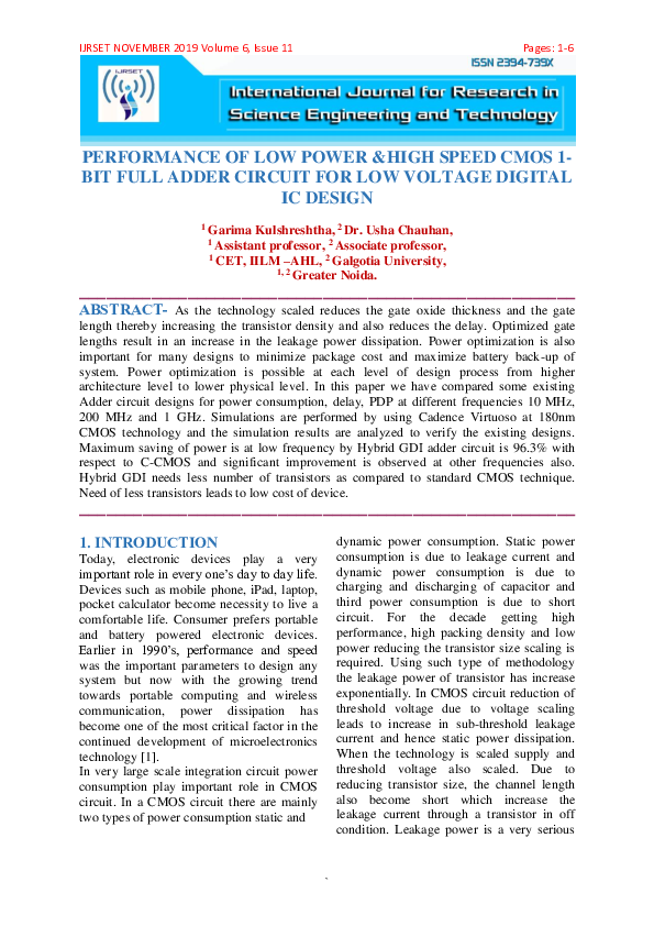 (PDF) Performance of Low Power High Speed Cmos 1 Bit Full Adder Circuit ...