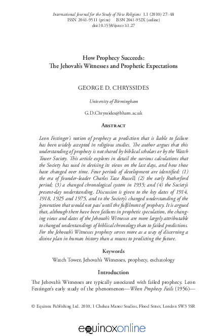 How Prophecy Succeeds: Jehovah's Witnesses and Prophetic Expectations