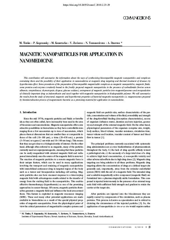 (PDF) Magnetic Nanoparticles for Application in Nanomedicine