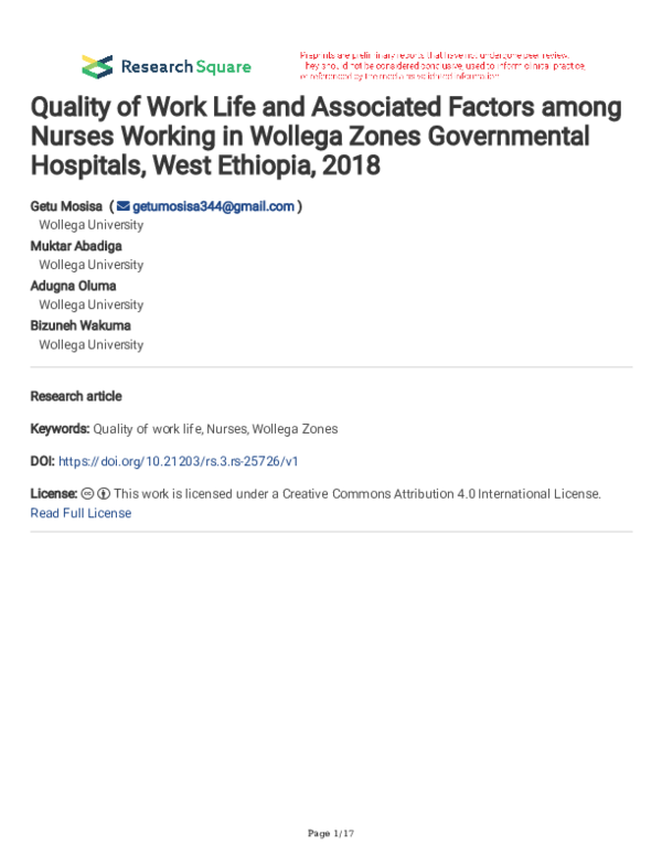 (PDF) Quality of Work Life and Associated Factors among Nurses Working ...