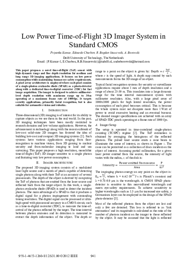 (PDF) Low power time-of-flight 3D imager system in standard CMOS