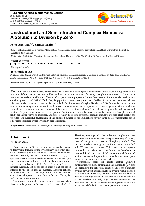 (PDF) Unstructured and Semi-structured Complex Numbers: A Solution to ...
