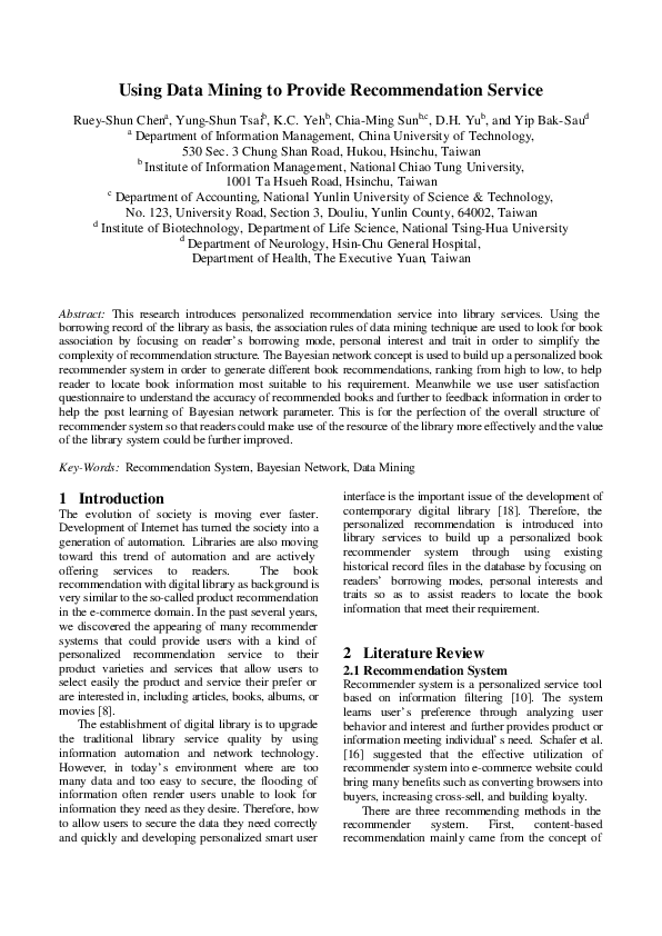 (PDF) Using Data Mining to Provide Recommendation Service