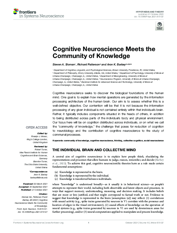 (PDF) Cognitive Neuroscience Meets the Community of Knowledge