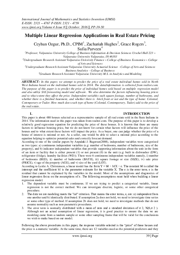  pdf multiple linear regression applications in real estate pricing ceyhun ozgur academia edu