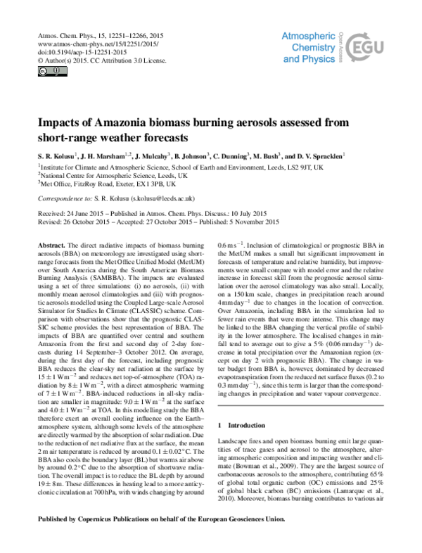 (PDF) Impacts of Amazonia biomass burning aerosols assessed from short ...