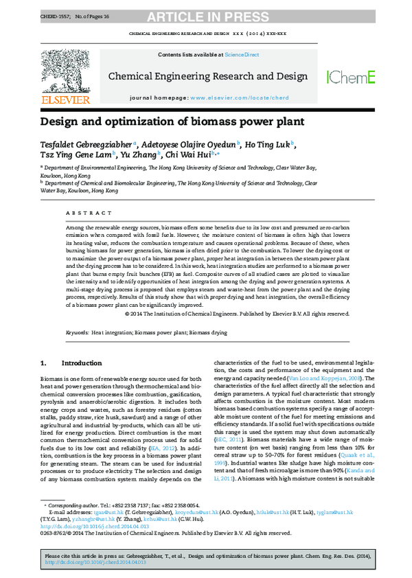 (PDF) Design and Optimization of Biomass Power Plant