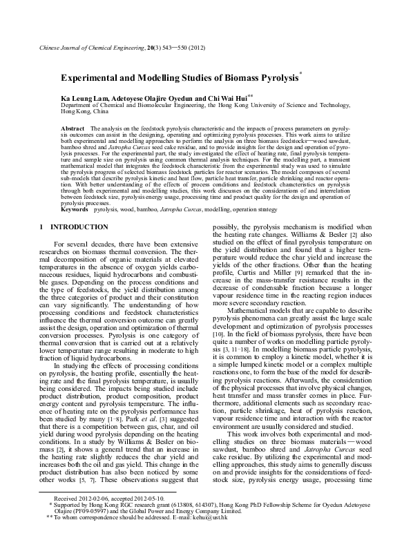 (PDF) Experimental and Modelling Studies of Biomass Pyrolysis