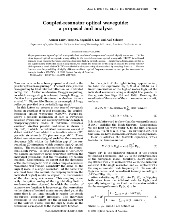 (PDF) Coupledresonator optical waveguide a proposal and analysis