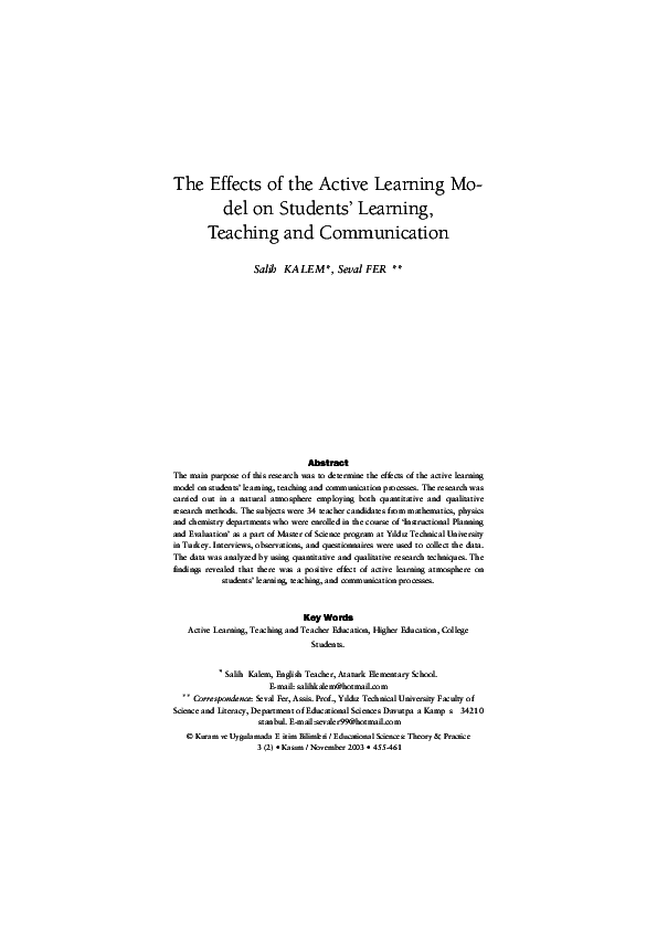 (PDF) The Effects of the Active Learning Model on Students’ Learning ...