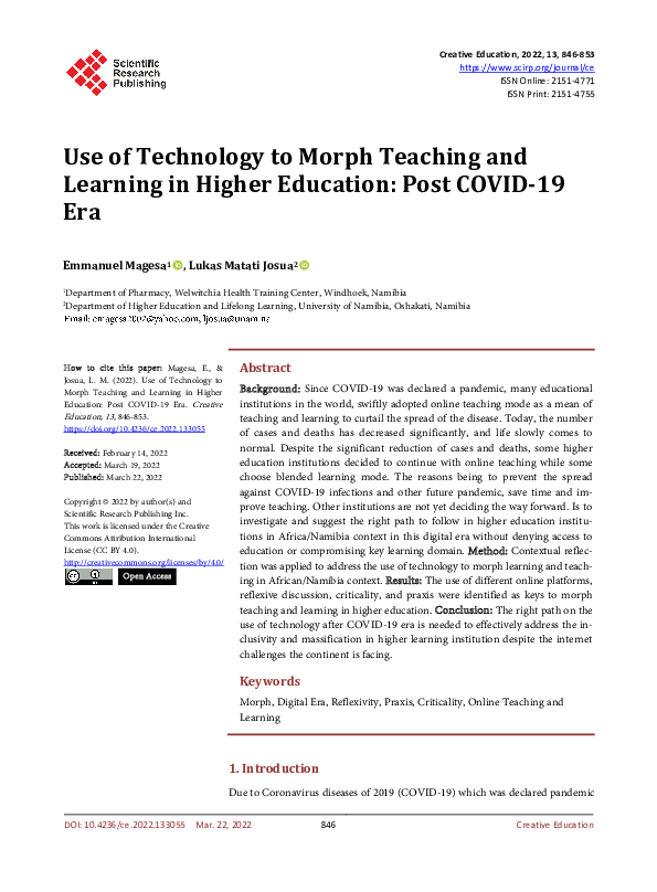 (PDF) Use of Technology to Morph Teaching and Learning in Higher ...