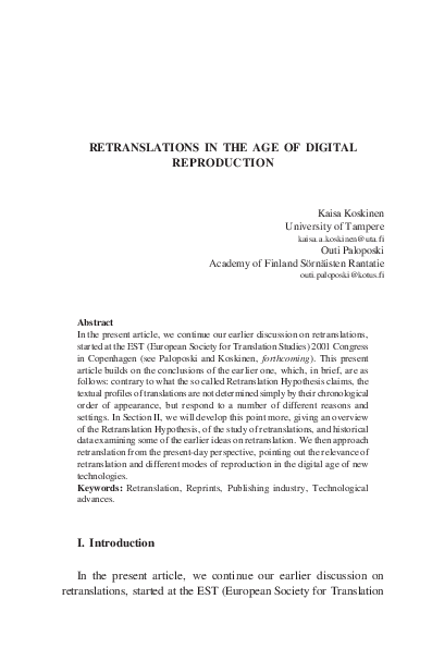(PDF) Retranslations in the Age of Digital Reproduction