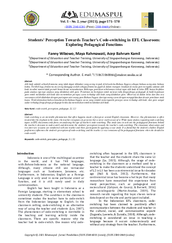 (PDF) Students’ Perception towards Teacher’s Code-switching in EFL ...