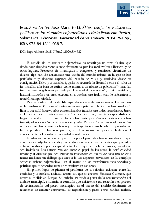 (PDF) MONSALVO ANTÓN, José María (ed.), Élites, conflictos y discursos ...