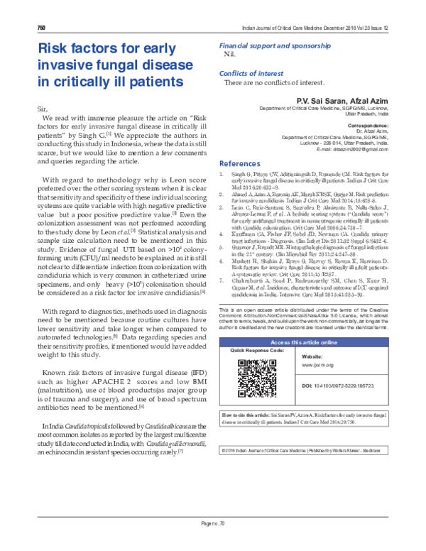 (PDF) Risk factors for early invasive fungal disease in critically ill ...