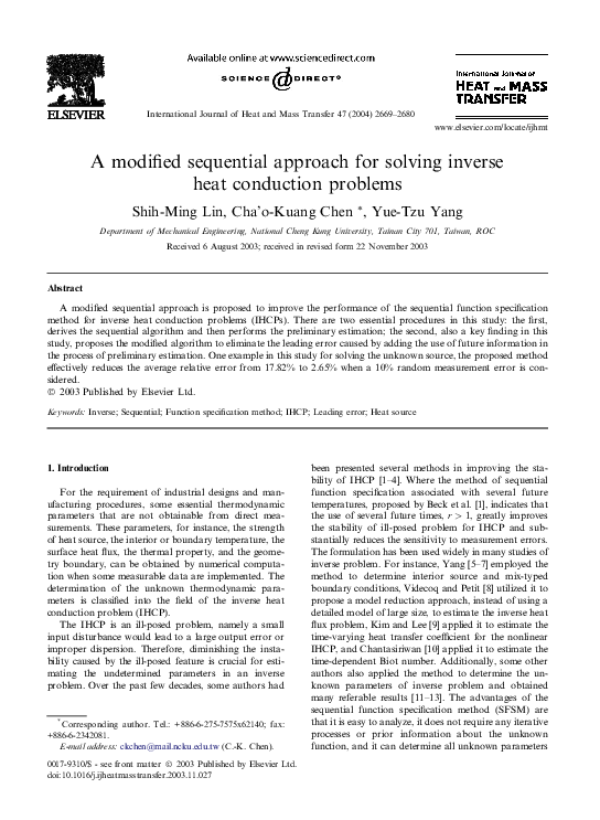 (PDF) A modified sequential approach for solving inverse heat ...
