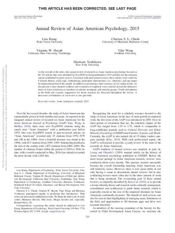 (PDF) Annual review of Asian American Psychology 2011