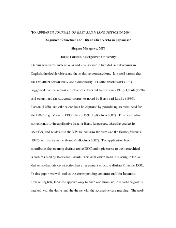(PDF) Argument Structure and Ditransitive Verbs in Japanese