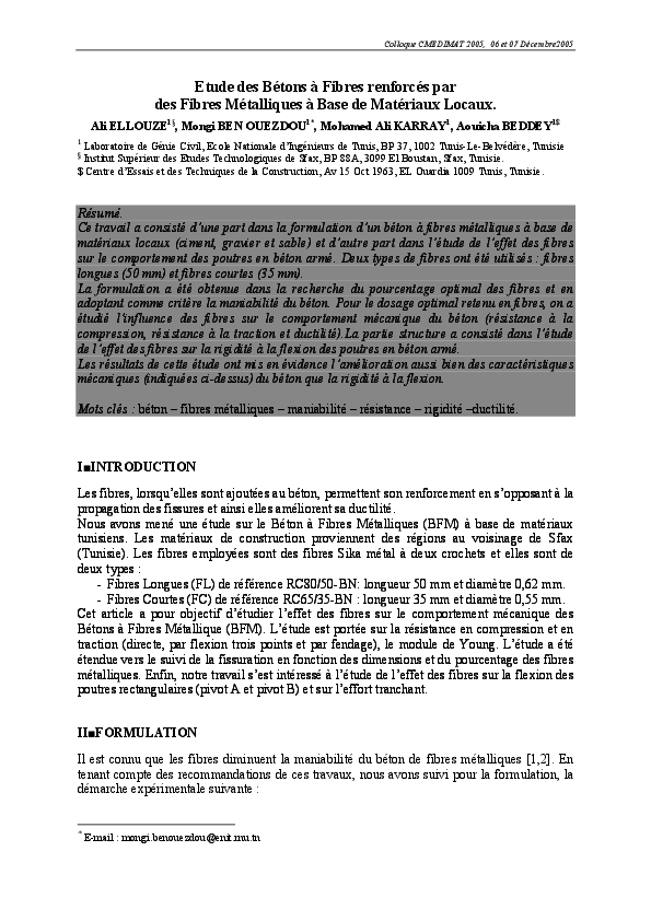 Pdf Etude Des Betons A Fibres Renforces Par Des Fibres Metalliques A Base De Materiaux Locaux Mongi Ben Ouezdou Academia Edu