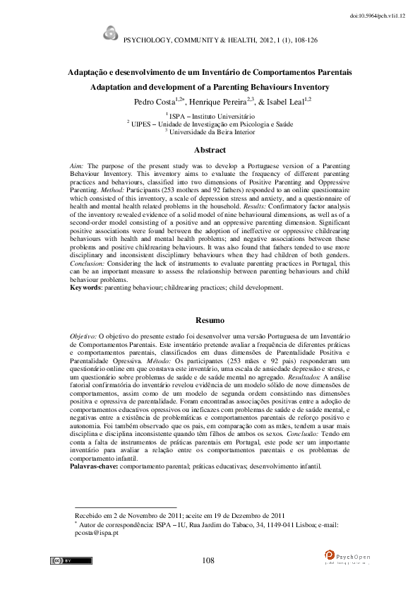 (PDF) Adaptation and development of a Parenting Behaviours Inventory