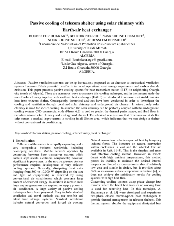 (PDF) Passive cooling of telecom shelter using solar chimney with Earth ...
