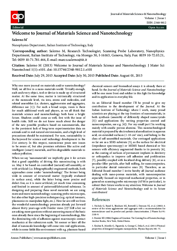 (PDF) Welcome to Journal of Materials Science and Nanotechnology