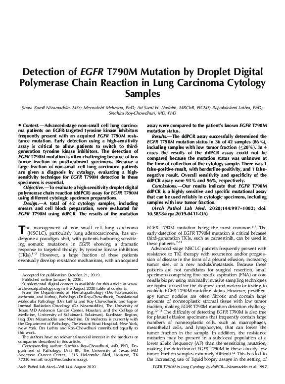 (PDF) Detection of EGFR T790M Mutation by Droplet Digital Polymerase ...