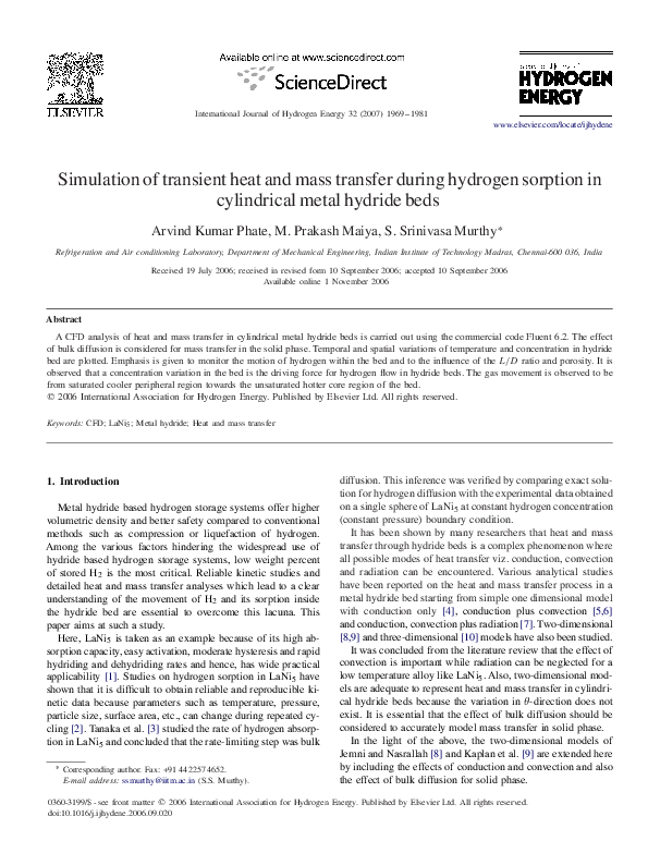 (PDF) Simulation of transient heat and mass transfer during hydrogen ...
