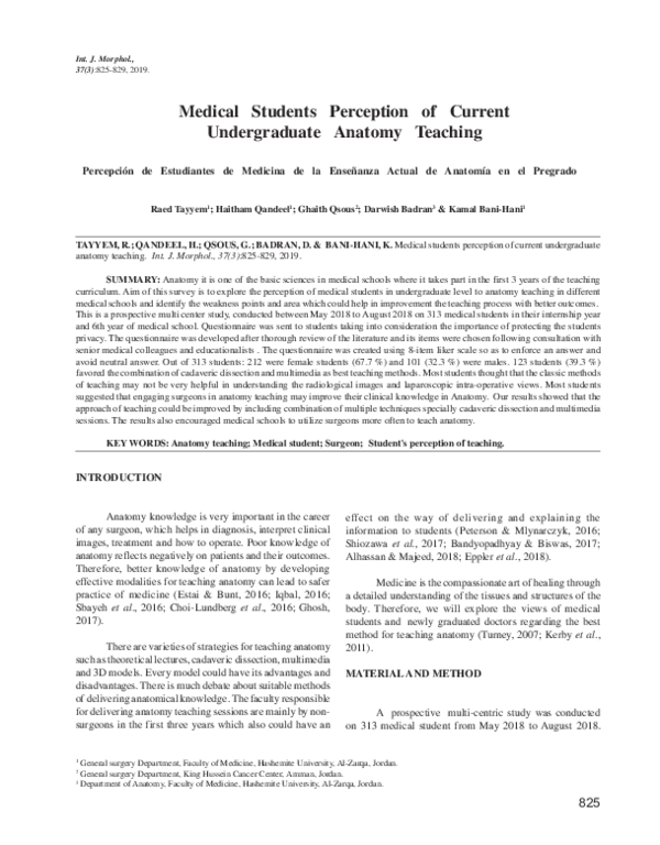 (PDF) Medical Students Perception of Current Undergraduate Anatomy Teaching