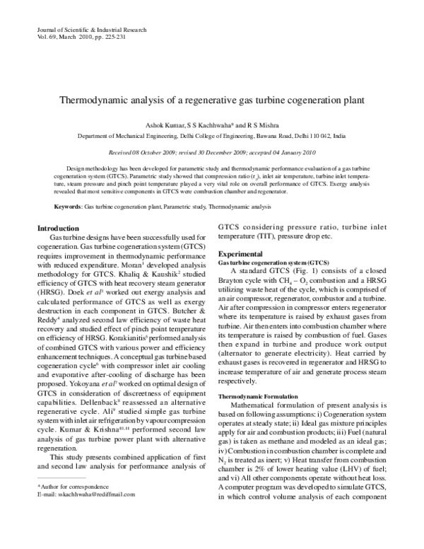 (PDF) Thermodynamic analysis of a regenerative gas turbine cogeneration ...
