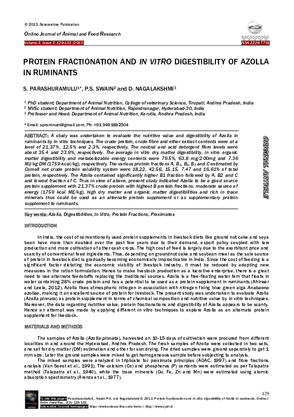 (PDF) Protein Fractionation and in Vitro Digestibility of Azolla in ...