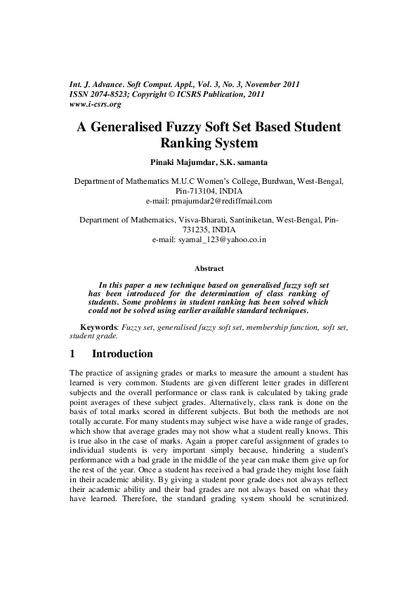 (PDF) A Generalised Fuzzy Soft Set Based Student Ranking System