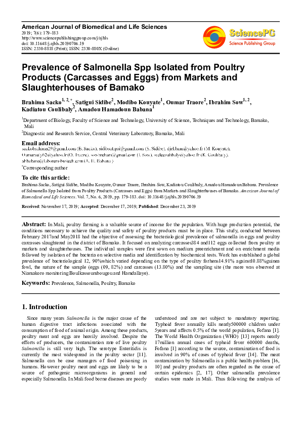 (PDF) Prevalence of Salmonella Spp Isolated from Poultry Products ...