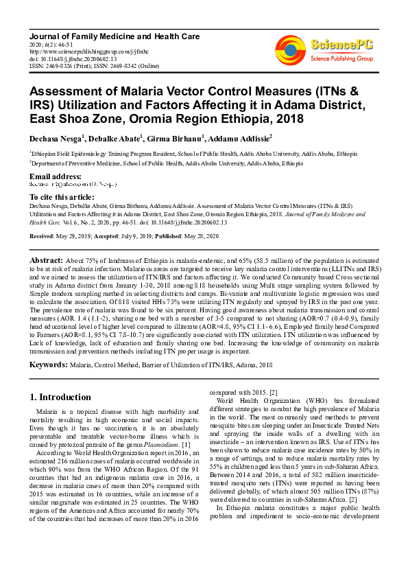 (PDF) Assessment of Malaria Vector Control Measures (ITNs IRS ...