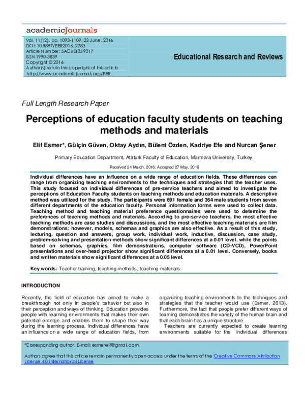 (PDF) Perceptions of Education Faculty Students on Teaching Methods and ...