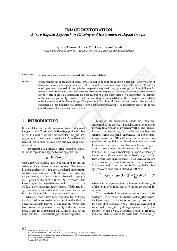 (PDF) IMAGE RESTORATION - A New Explicit Approach in Filtering and ...