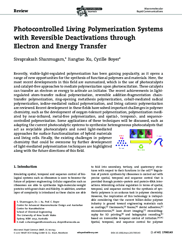 (PDF) Photocontrolled Living Polymerization Systems with Reversible ...