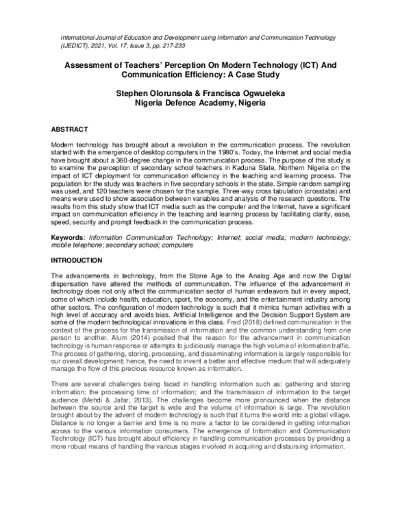 (PDF) Assessment of Teachers’ Perception On Modern Technology (ICT) And ...