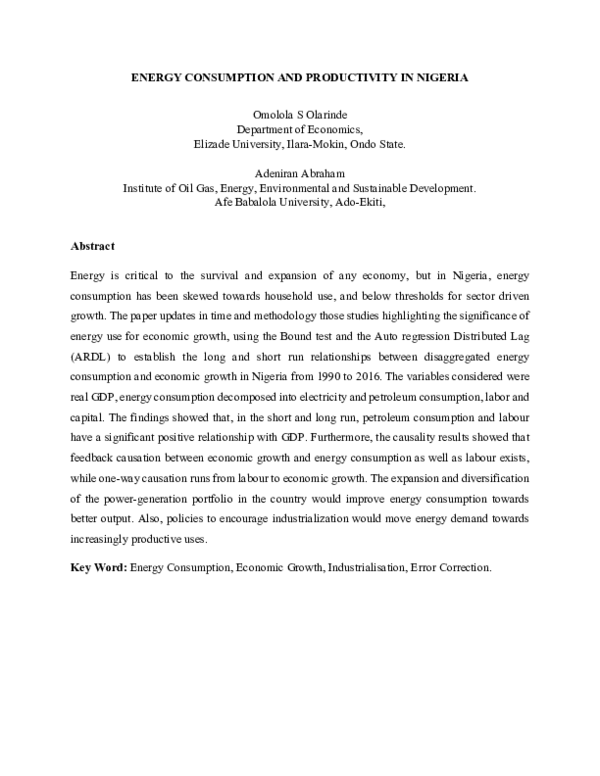 (PDF) Energy Consumption and Productivity in Nigeria