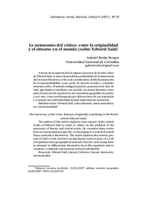 La autonomía del crítico: entre la originalidady el situarse en el mundo (sobre Edward Said)
