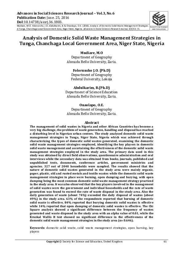 (PDF) Analysis of Domestic Solid Waste Management Strategies in Tunga ...