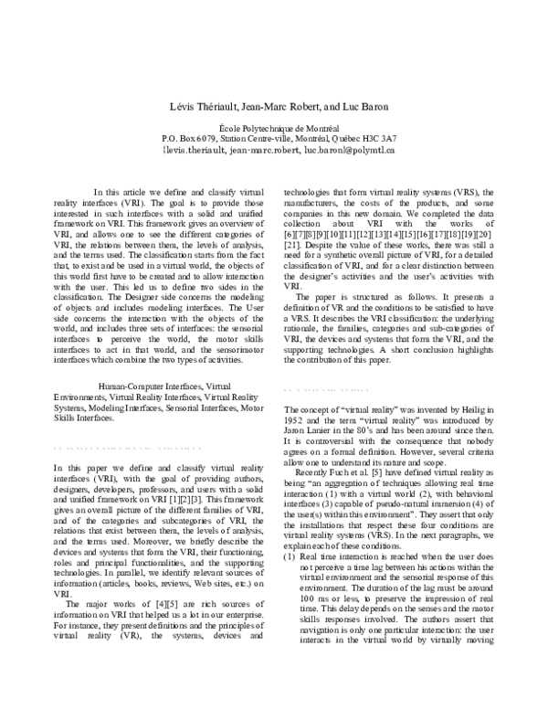 (PDF) Virtual Reality Interfaces for Virtual Environments