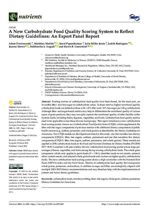 (PDF) A New Carbohydrate Food Quality Scoring System to Reflect Dietary ...