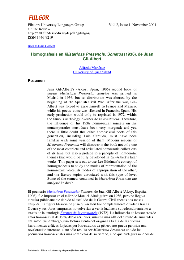 (PDF) Homografesis en Misteriosa Presencia (1936), de Juan Gil