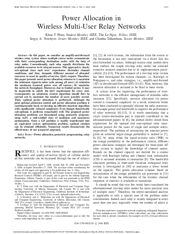 (PDF) Power allocation in wireless multi-user relay networks | Chintha ...
