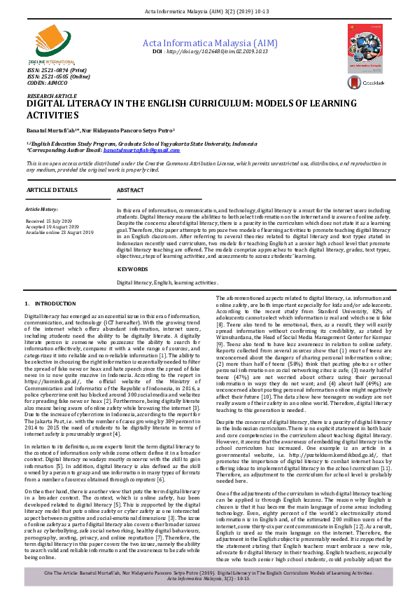 (PDF) Digital Literacy in the English Curriculum: Models of Learning ...