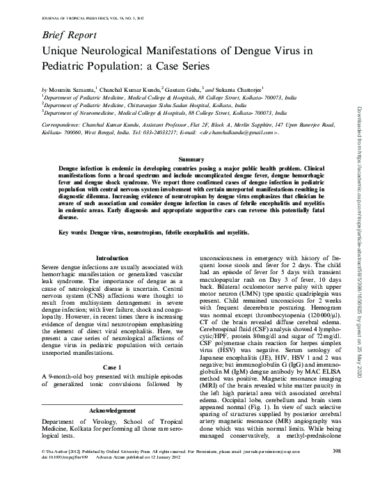 (PDF) Unique Neurological Manifestations of Dengue Virus in Pediatric ...